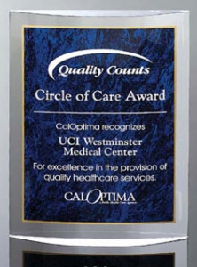 3D curved acrylic award with blue marble engraving area