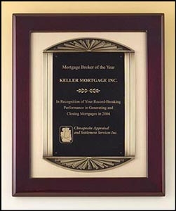 Rosewood stained piano-finish plaque, antique bronze finish frame casting with black brass plate